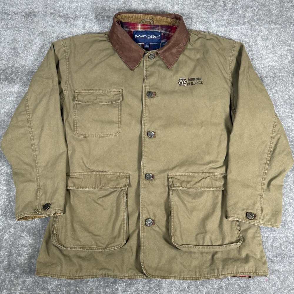 VTG Swingster Jacket Mens Large Brown Button Up Leather Collar Chore Barn Morton